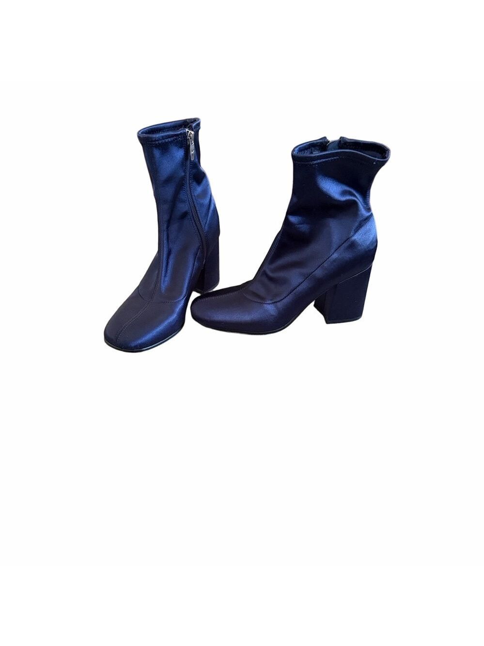 Marc Fisher Icela Navy Satin Ankle Boots Sculpted Toe Block Heel 6.5